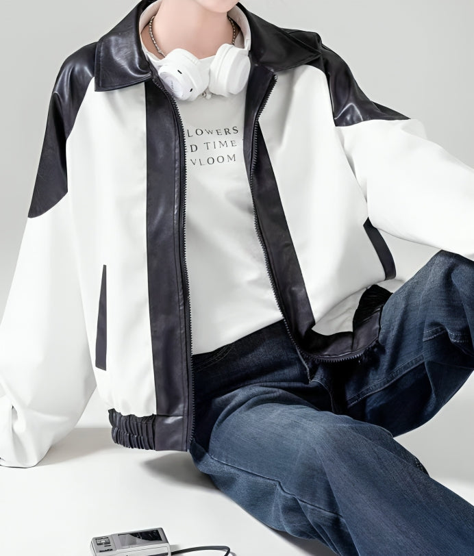 White And Black Contrast Faux Leather Jacket