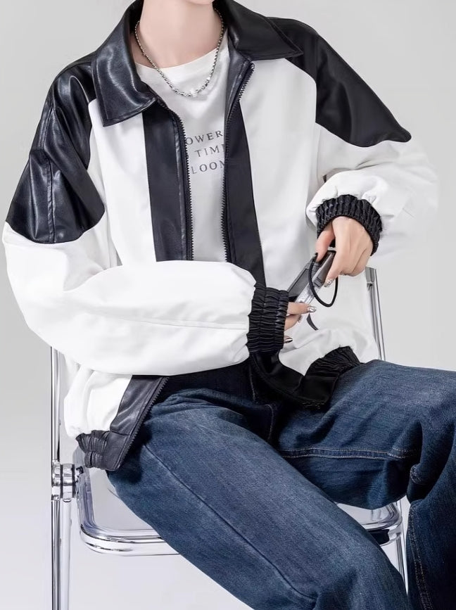 White And Black Contrast Faux Leather Jacket