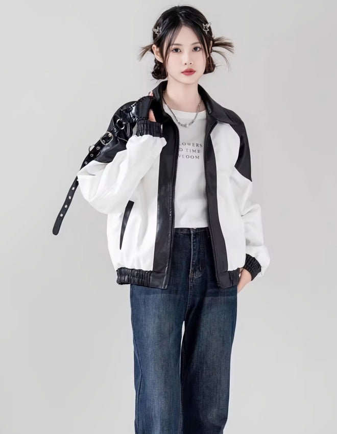 White And Black Contrast Faux Leather Jacket