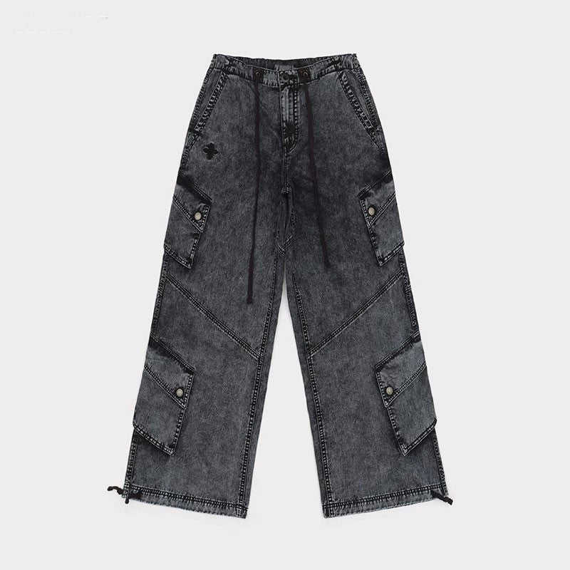 Charcoal Grey Multi-Pocket Wide-Leg Jeans