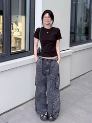 Charcoal Grey Multi-Pocket Wide-Leg Jeans