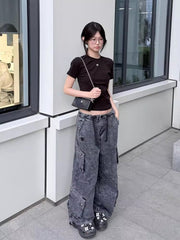 Charcoal Grey Multi-Pocket Wide-Leg Jeans