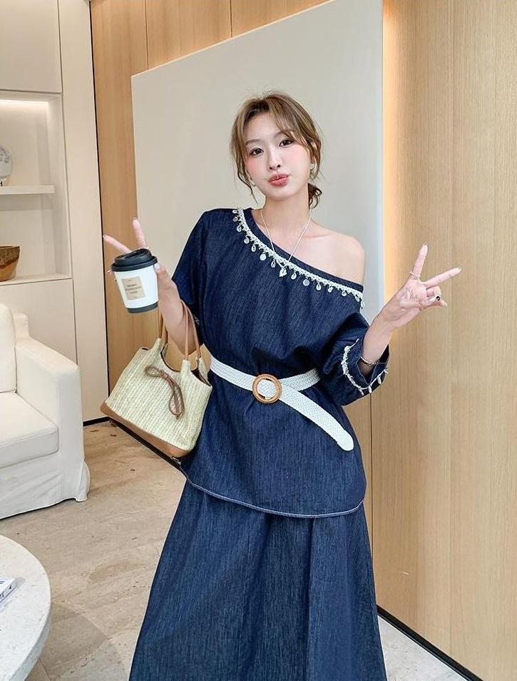 Chic Denim Outfit Top And Skirt Set