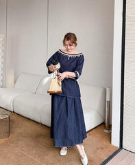 Chic Denim Outfit Top And Skirt Set