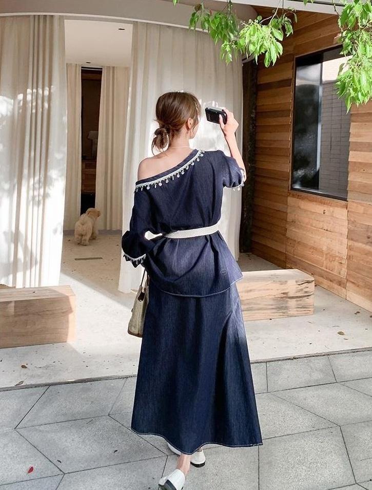 Chic Denim Outfit Top And Skirt Set