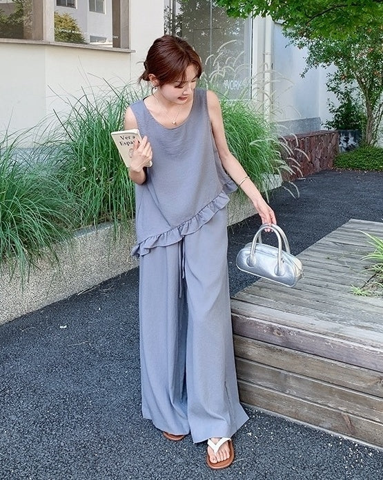 Chic Grey Sleeveless Top And Wide Leg Pants Set