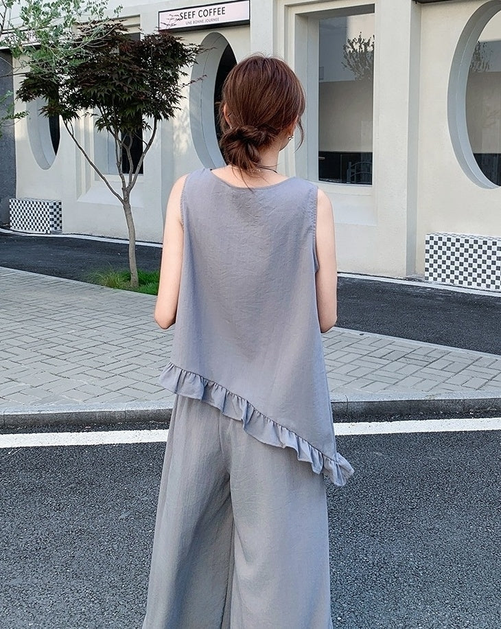 Chic Grey Sleeveless Top And Wide Leg Pants Set