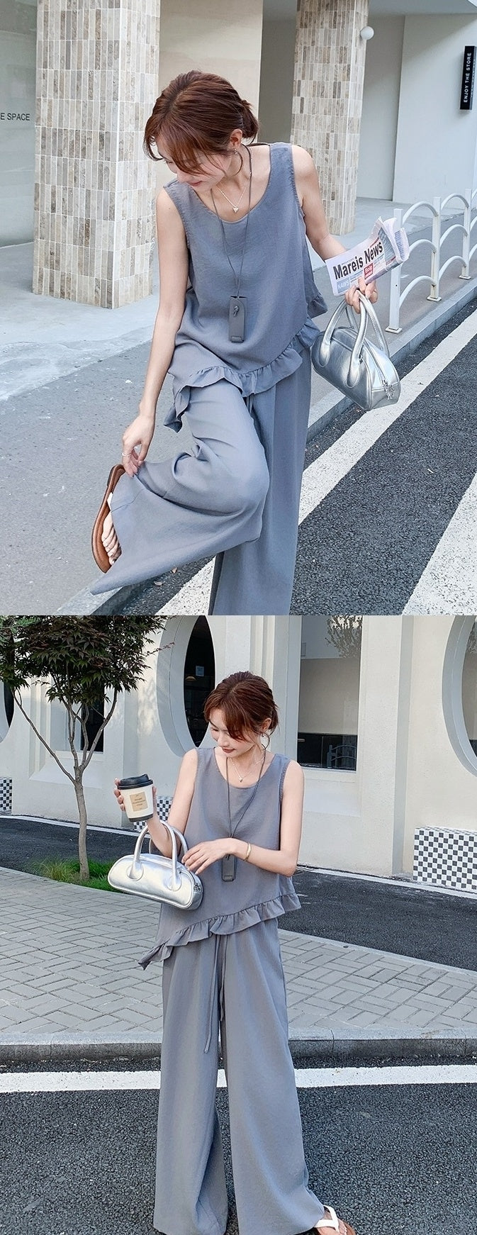 Chic Grey Sleeveless Top And Wide Leg Pants Set
