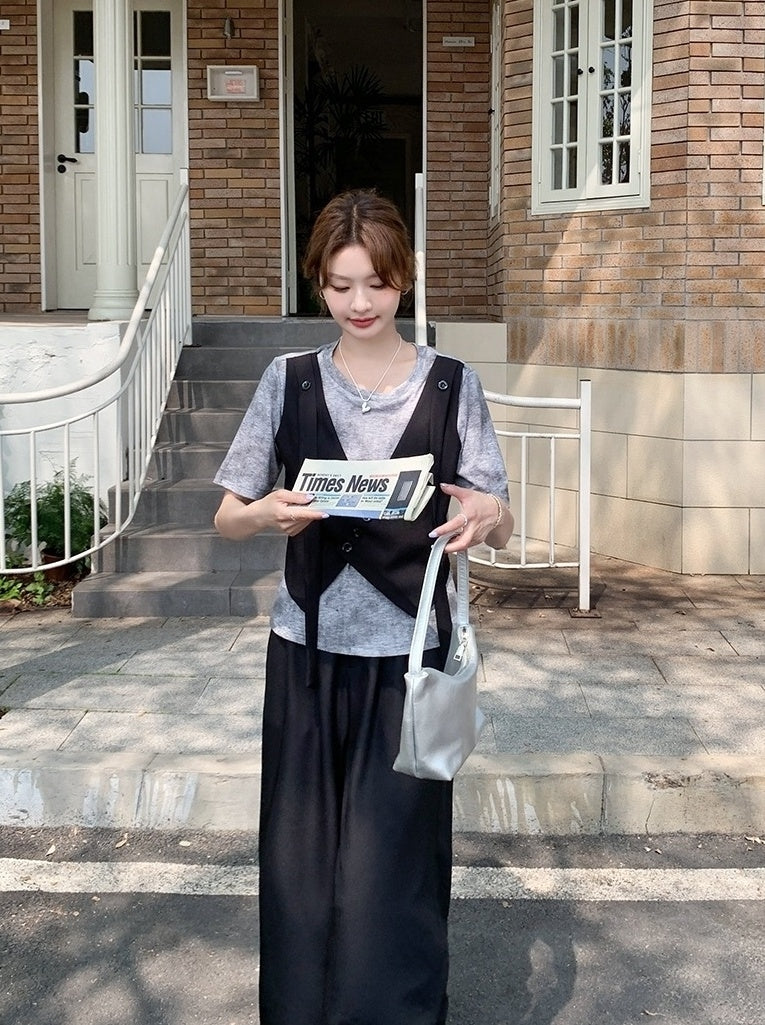 Chic Layered Top And Wide Leg Pants Set