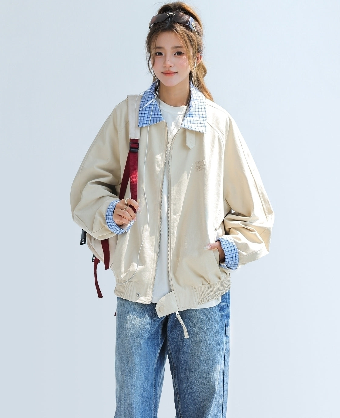 Chic Plaid Patchwork Cropped Red Jacket