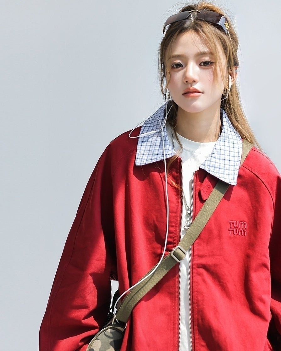 Chic Plaid Patchwork Cropped Red Jacket