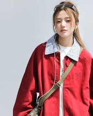 Chic Plaid Patchwork Cropped Red Jacket