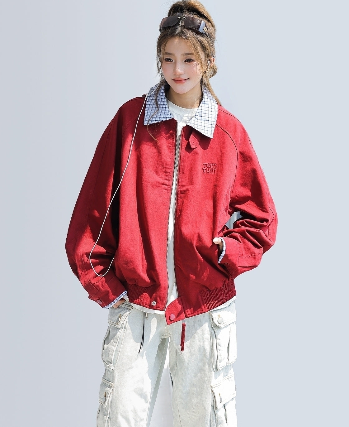 Chic Plaid Patchwork Cropped Red Jacket