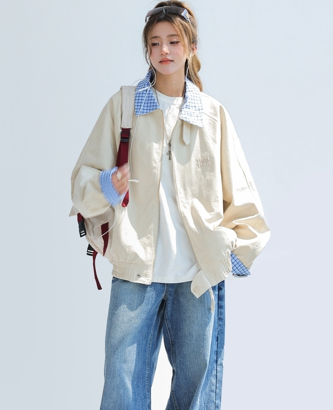 Chic Plaid Patchwork Cropped Red Jacket