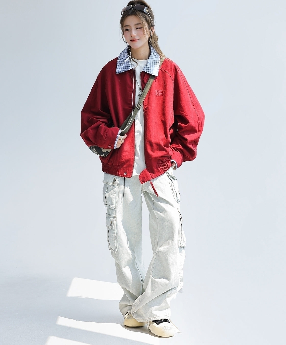 Chic Plaid Patchwork Cropped Red Jacket