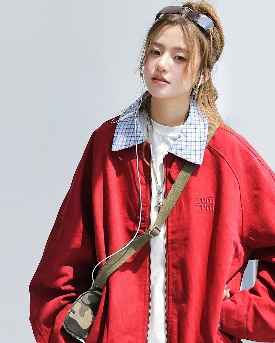 Chic Plaid Patchwork Cropped Red Jacket