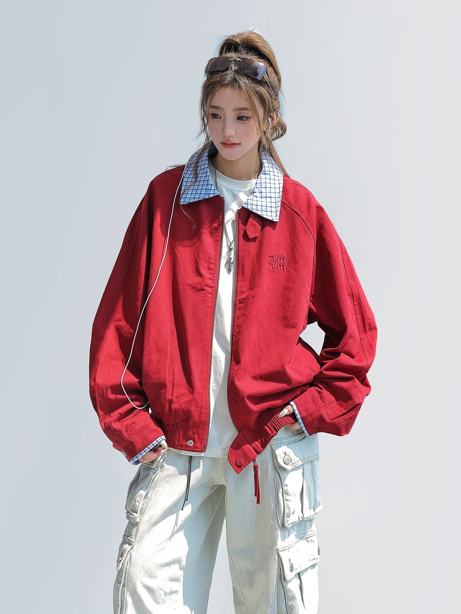 Chic Plaid Patchwork Cropped Red Jacket