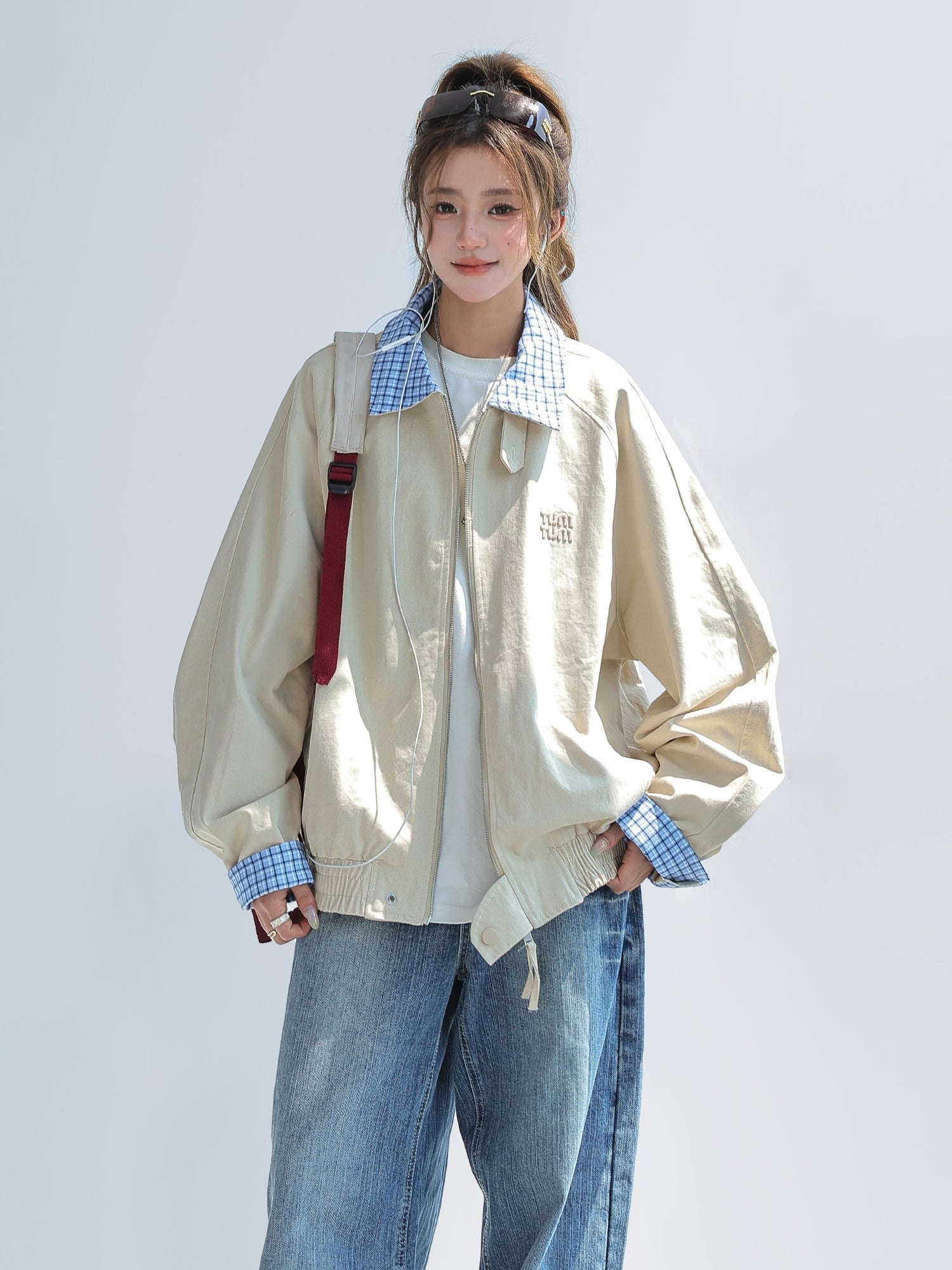Chic Plaid Patchwork Cropped Red Jacket