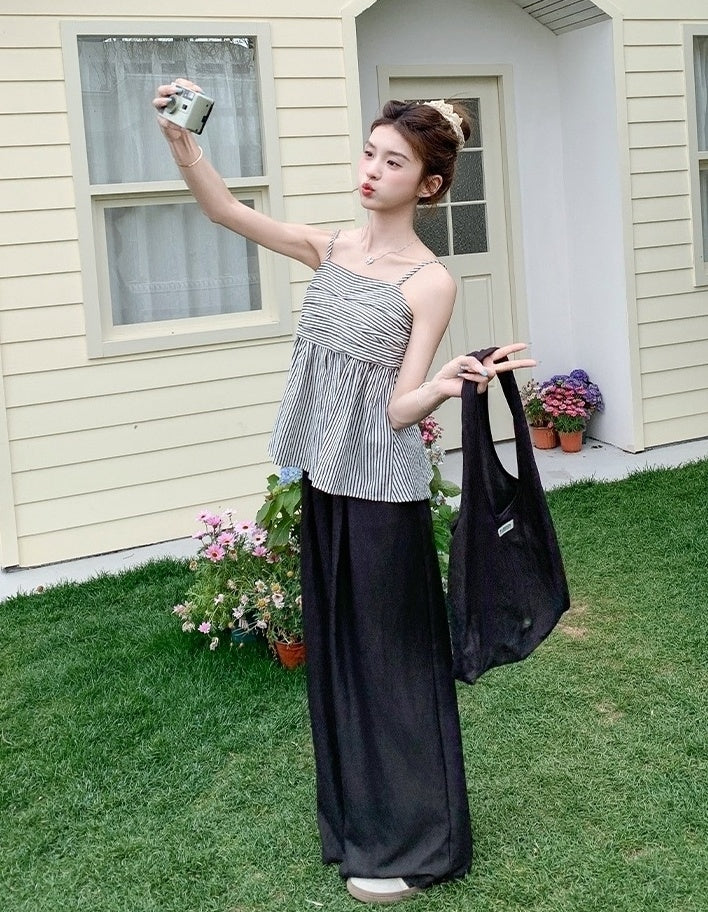 Chic Pleated Tank Top Wide Leg Pants Set
