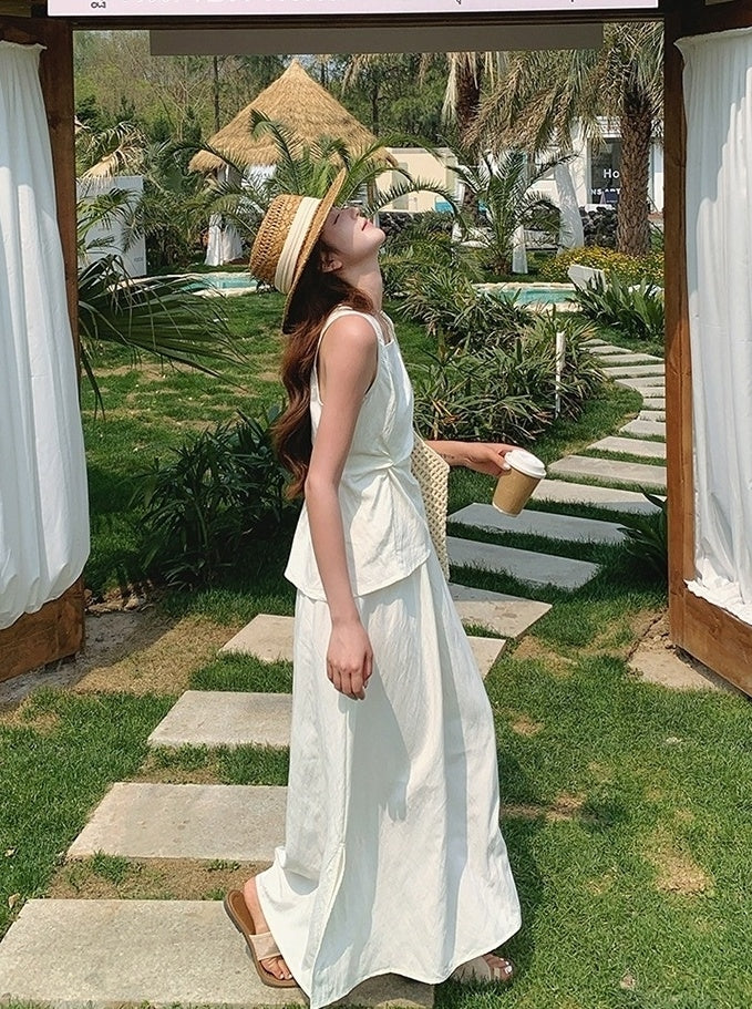 Chic Two Piece Casual Top And White Skirt Set