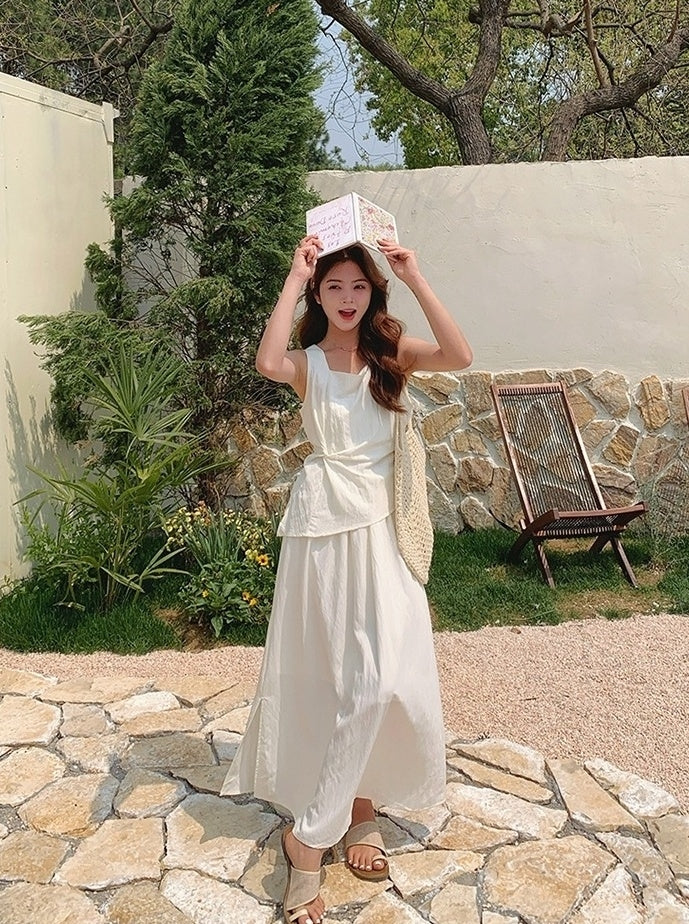 Chic Two Piece Casual Top And White Skirt Set