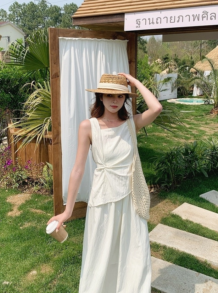 Chic Two Piece Casual Top And White Skirt Set