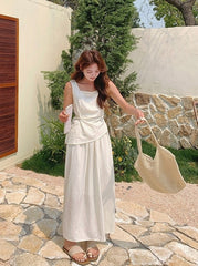 Chic Two Piece Casual Top And White Skirt Set
