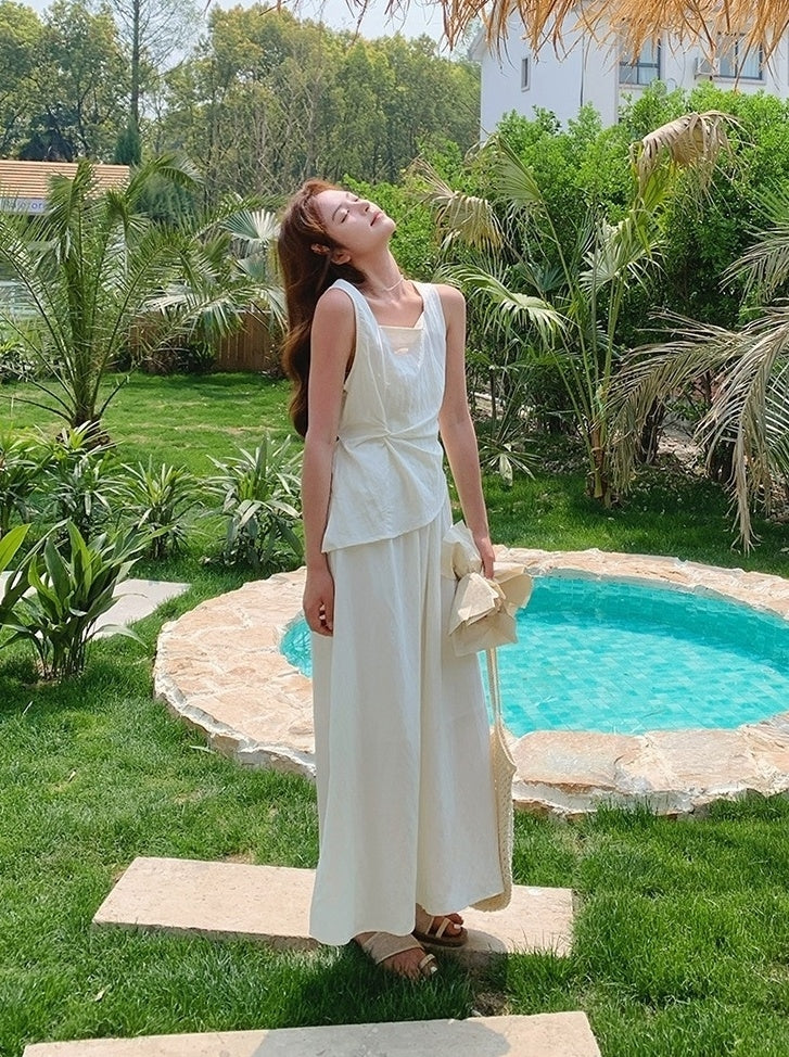 Chic Two Piece Casual Top And White Skirt Set