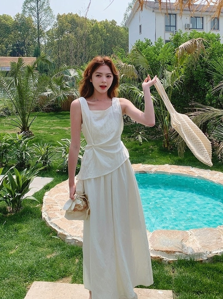 Chic Two Piece Casual Top And White Skirt Set