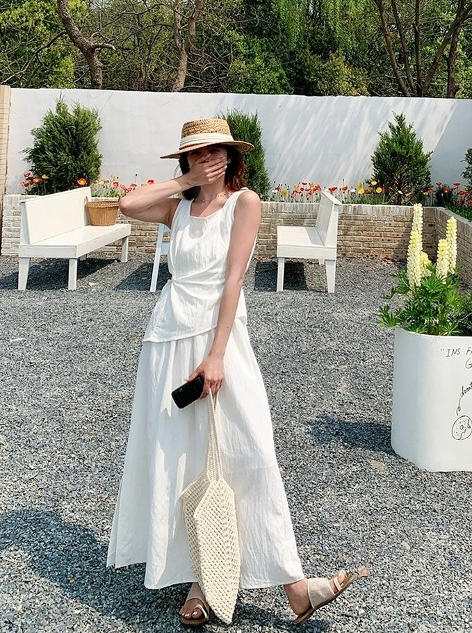 Chic Two Piece Casual Top And White Skirt Set