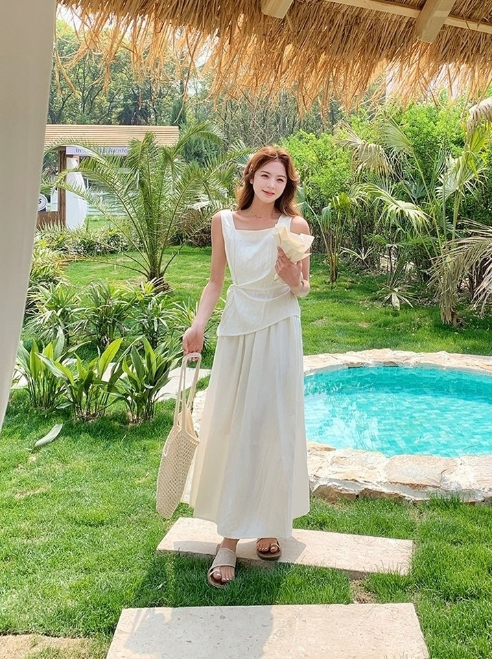 Chic Two Piece Casual Top And White Skirt Set