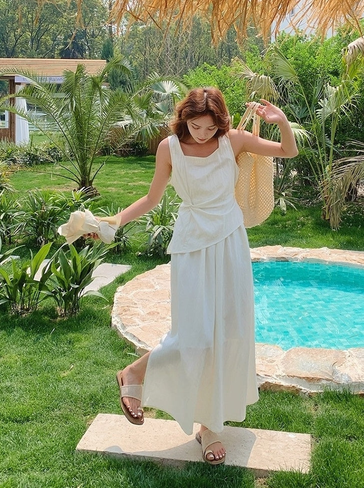 Chic Two Piece Casual Top And White Skirt Set