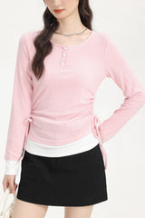 Pink Fake Two-Piece Long Sleeve Shirt With Casual Drawstring