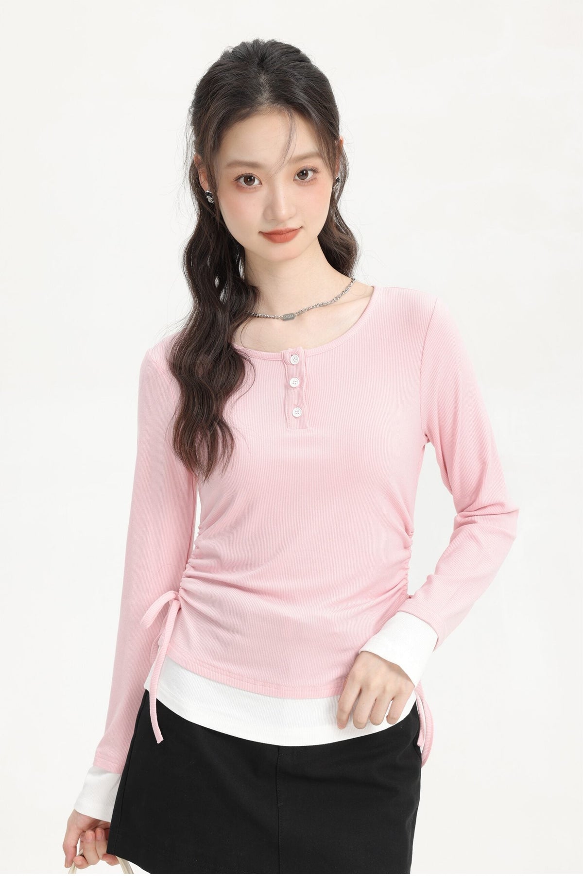 Pink Fake Two-Piece Long Sleeve Shirt With Casual Drawstring