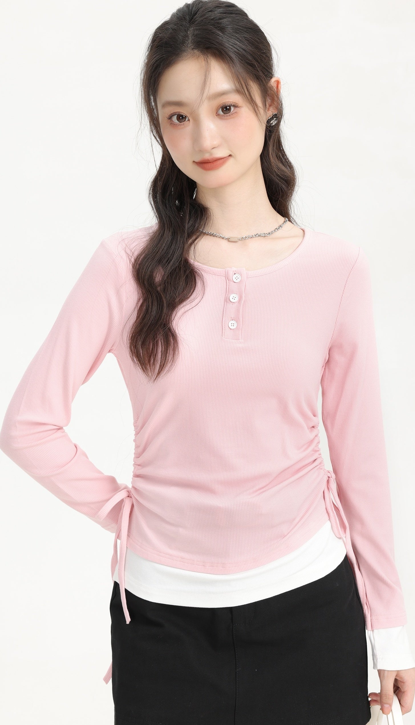 Pink Fake Two-Piece Long Sleeve Shirt With Casual Drawstring