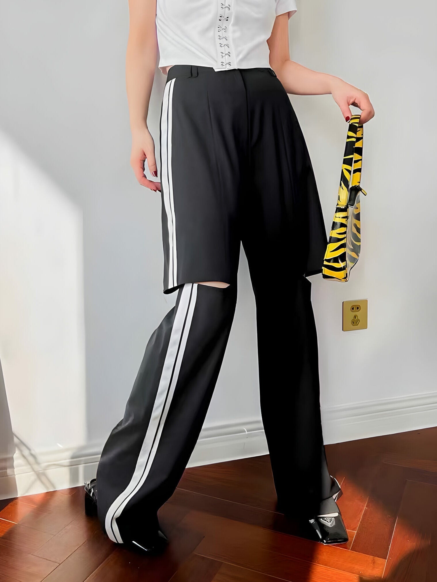 Black Side Striped Cut-Out Trousers