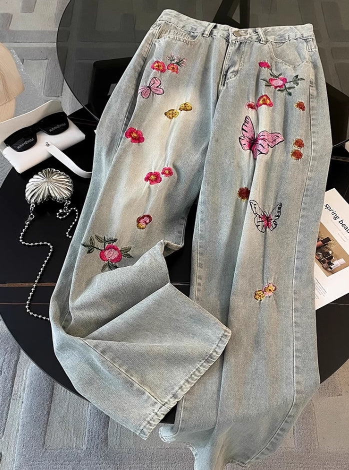 Blue Flowers And Butterfly Embroidered Jeans