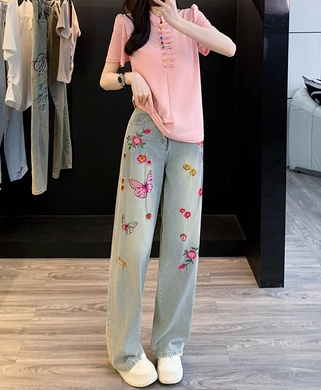 Blue Flowers And Butterfly Embroidered Jeans