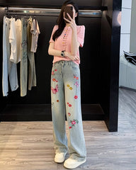 Blue Flowers And Butterfly Embroidered Jeans