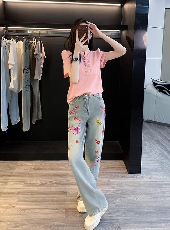 Blue Flowers And Butterfly Embroidered Jeans