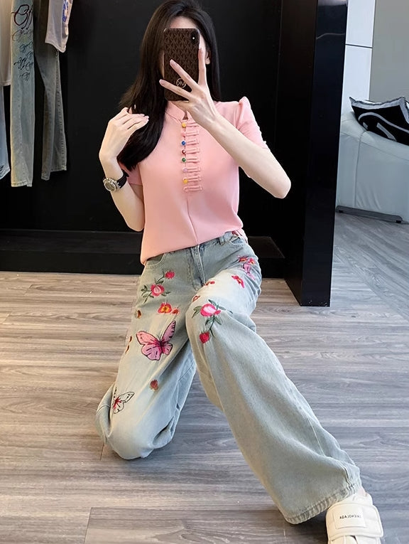 Blue Flowers And Butterfly Embroidered Jeans