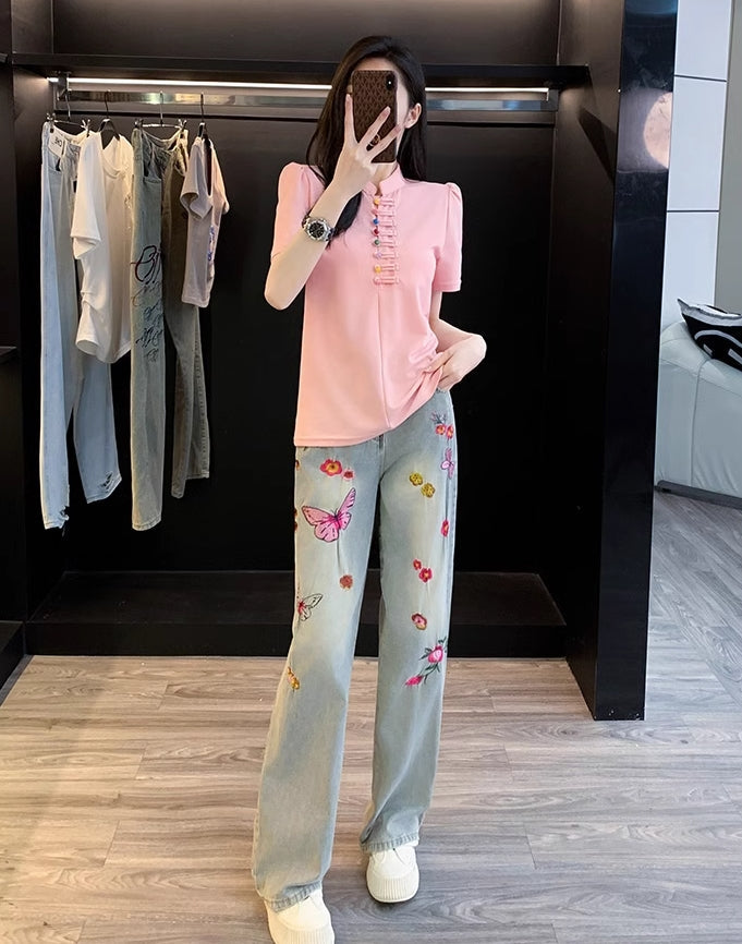 Blue Flowers And Butterfly Embroidered Jeans