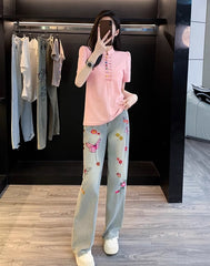 Blue Flowers And Butterfly Embroidered Jeans