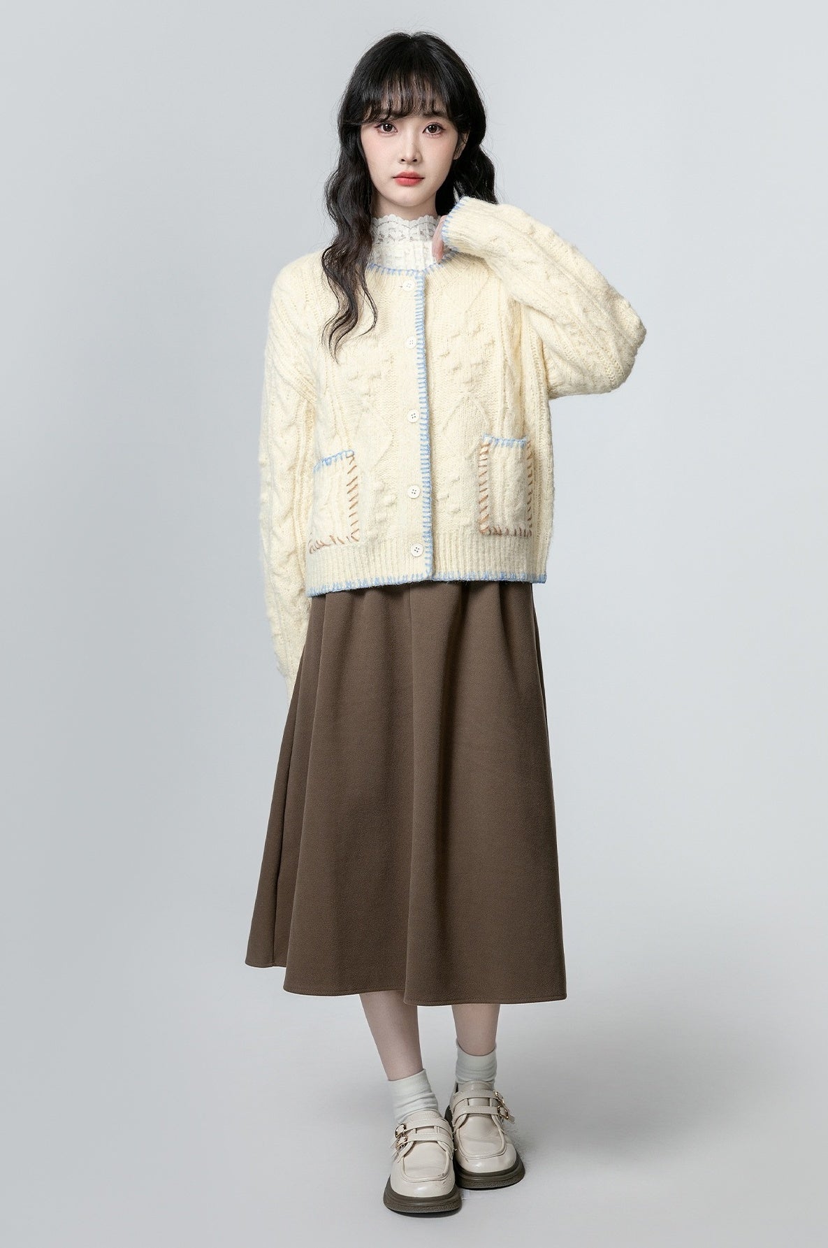 Chunky Knit Cardigan Sweater Almond