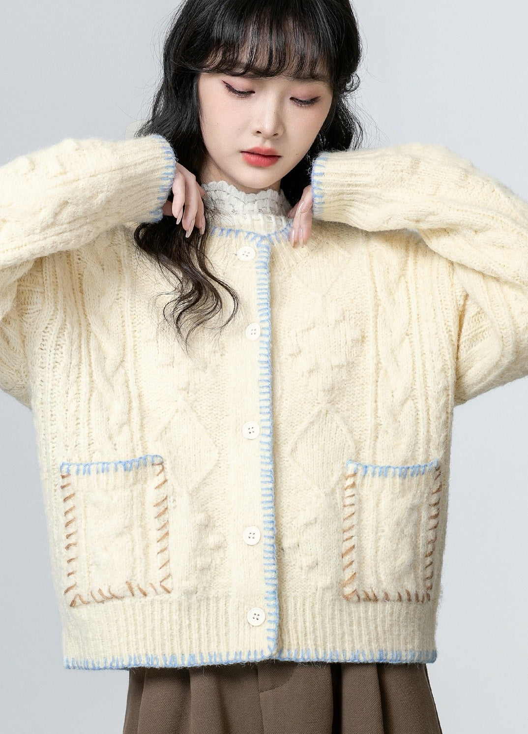 Chunky Knit Cardigan Sweater Almond