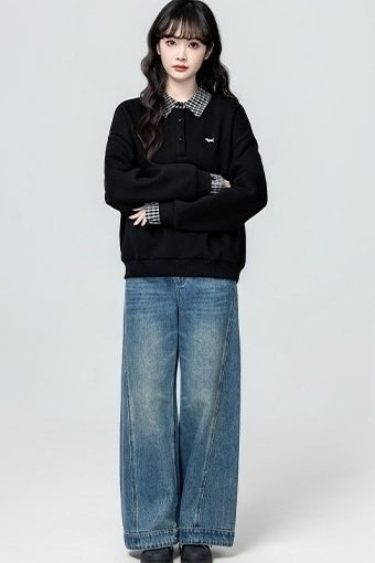 Classic Black Polo Sweatshirt Cozy Fleece Collar Top