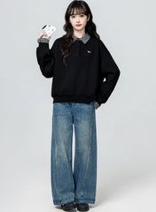 Classic Black Polo Sweatshirt Cozy Fleece Collar Top
