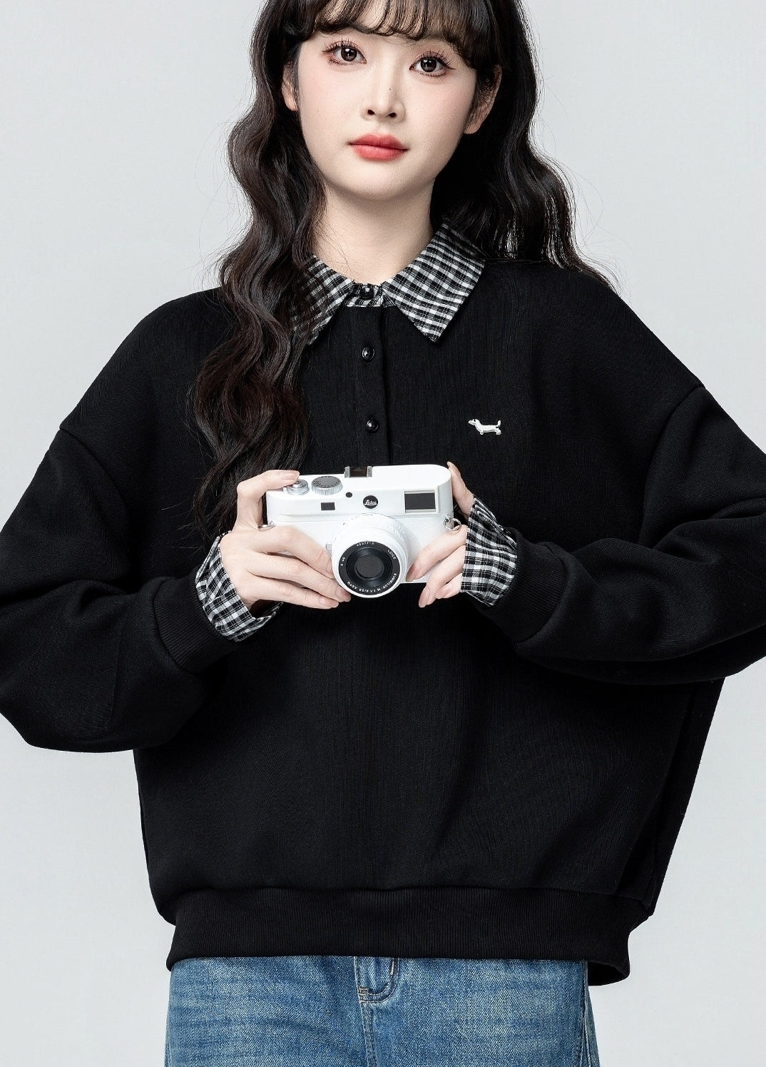 Classic Black Polo Sweatshirt Cozy Fleece Collar Top