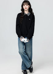 Classic Black Polo Sweatshirt Cozy Fleece Collar Top