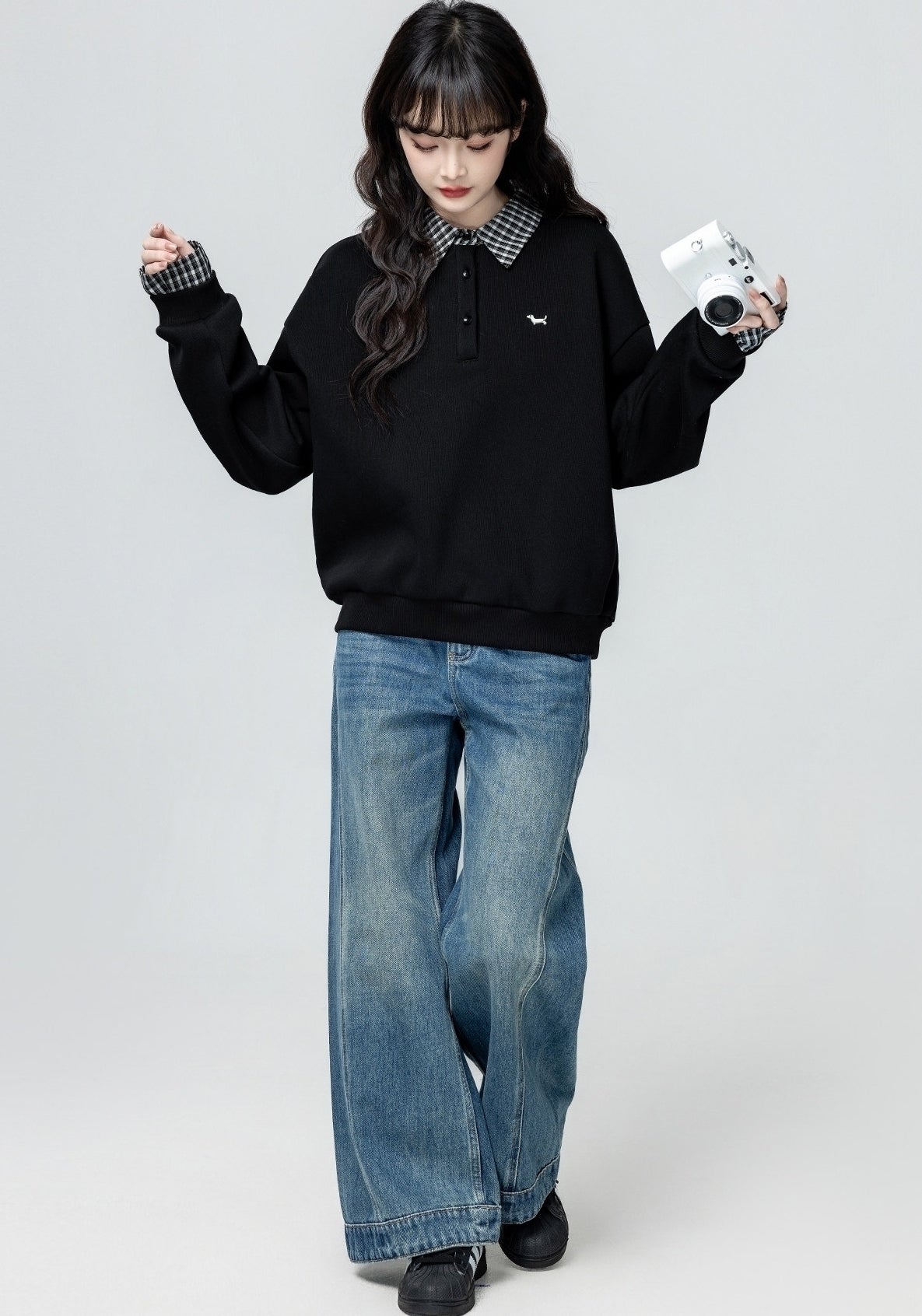 Classic Black Polo Sweatshirt Cozy Fleece Collar Top